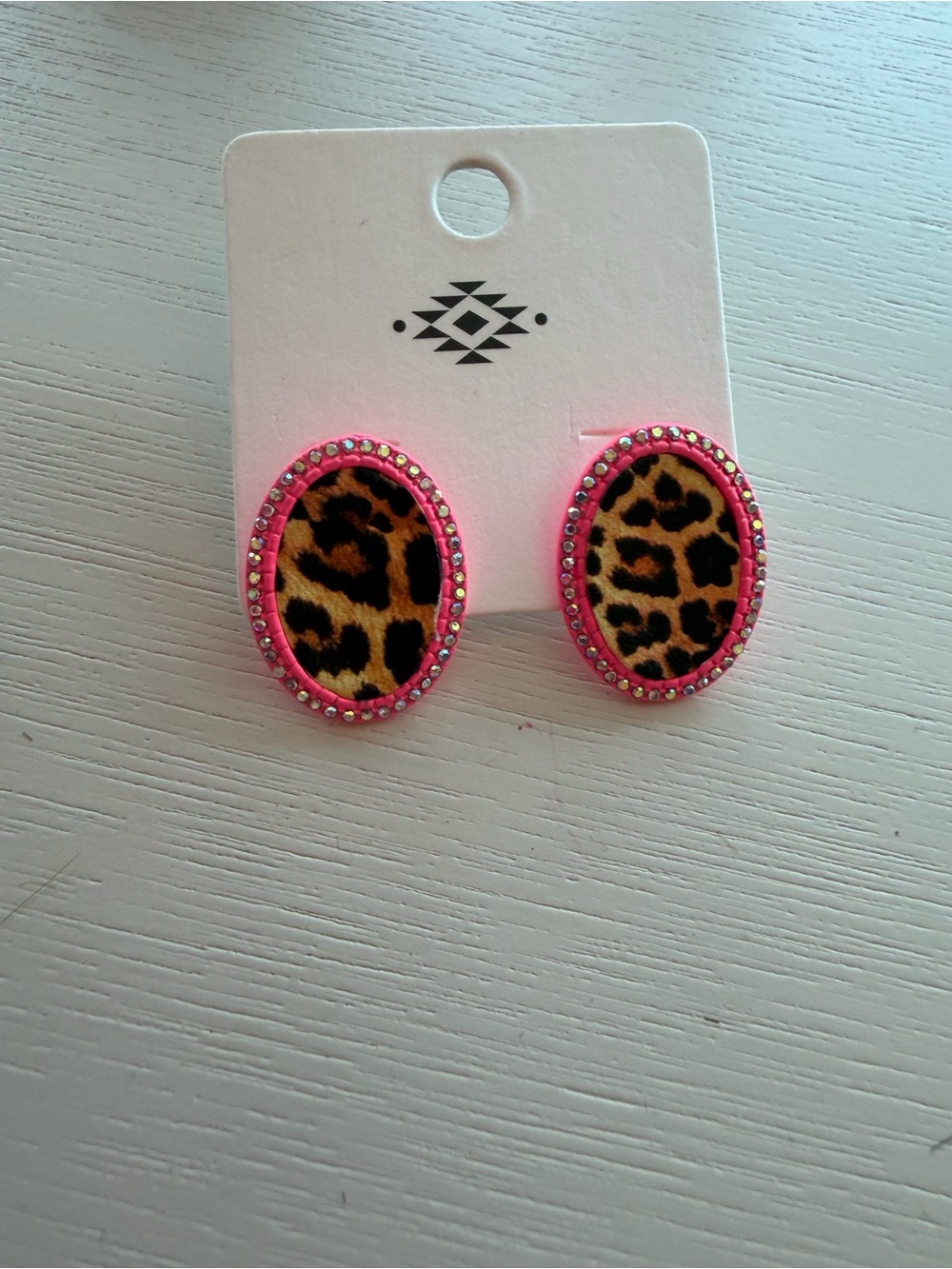 Leopard Print Oval Stud Earrings with Hot Pink Trim